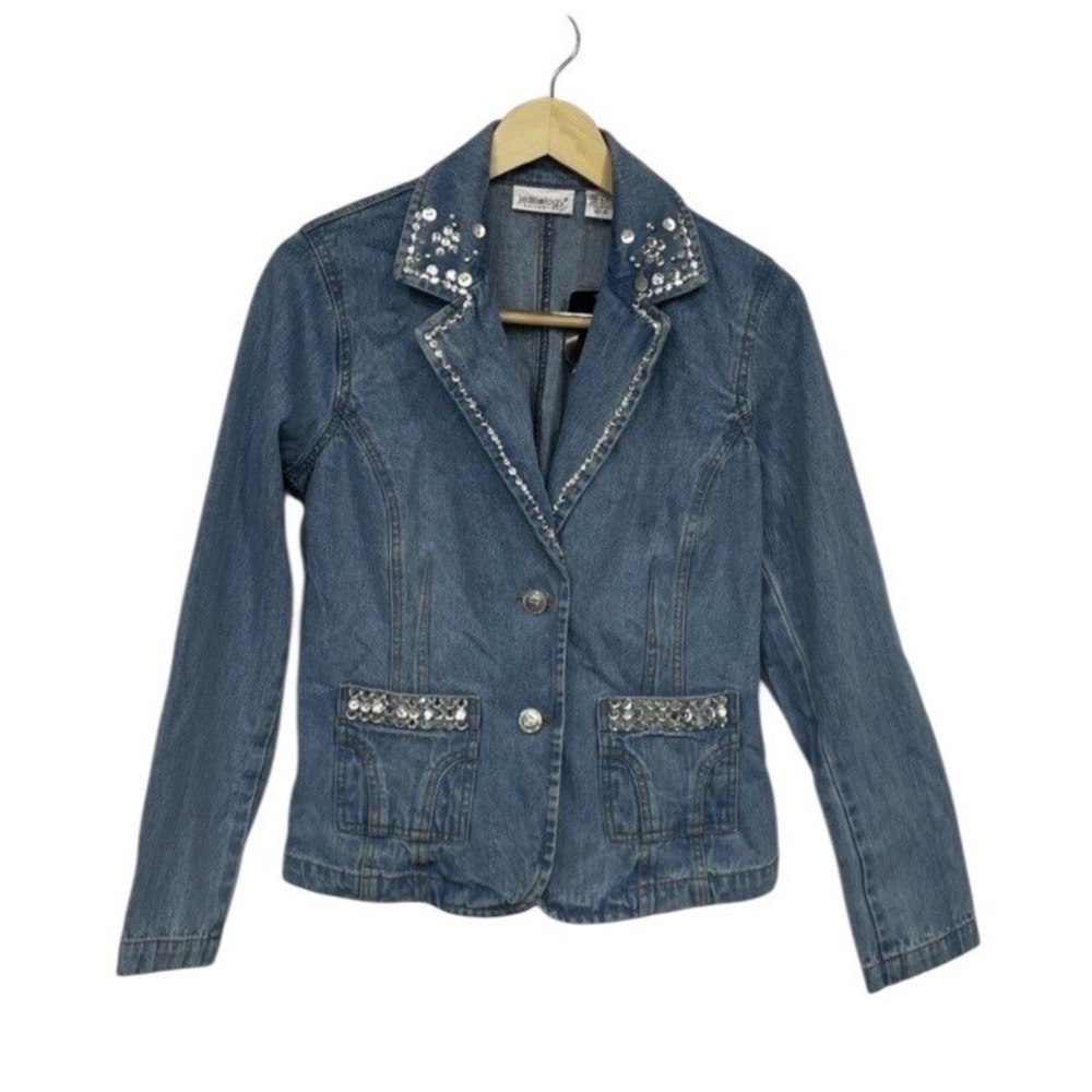 Jeanology Blue Denim Rhinestone Embellished Blazer Jacket cowgirl festival boho - Picture 3 of 10